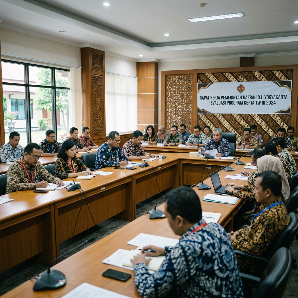 Yogyakarta regional government work evaluation meeting Group of government officials attending a work program evaluation meeting in Yogyakarta